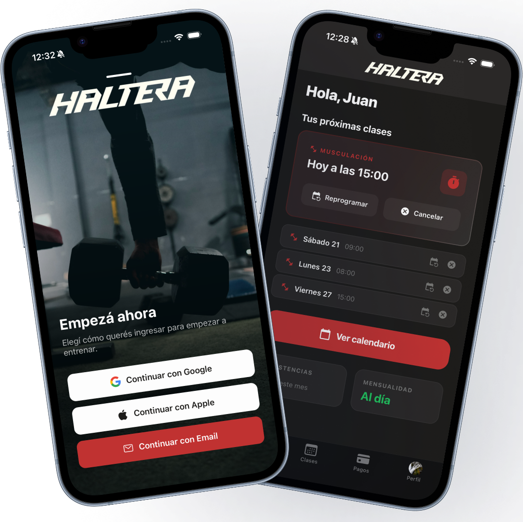 Pantalla principal de la app Haltera mostrando dashboard con proxima clase y calendario